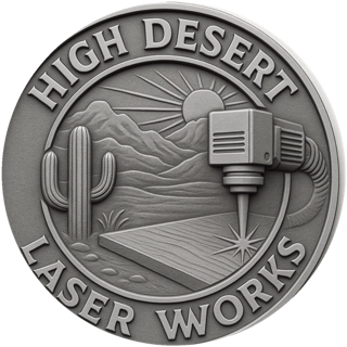 High Desert Laser Works emblem – laser engraving a desert scene